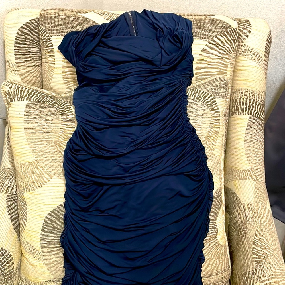 Dark blue rouched dress.